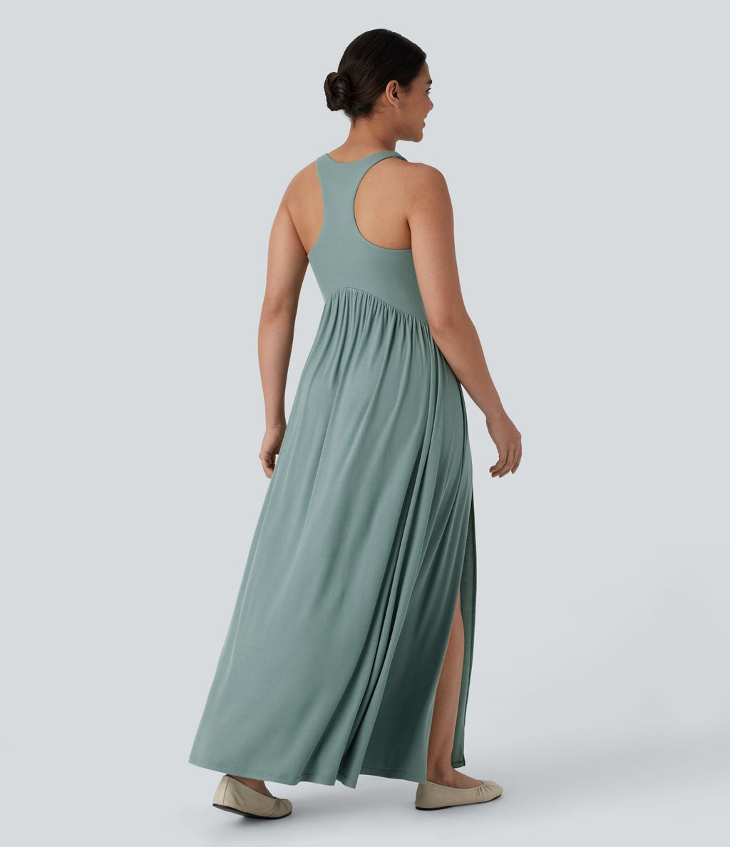 Robe longue décontractée côtelée avec dos nu, bretelles croisées dans le dos et fente