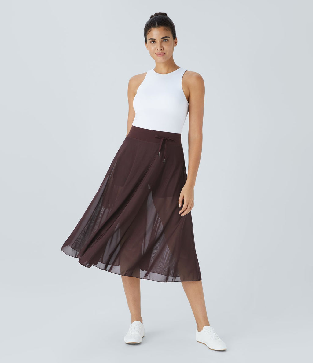 Jupe Casual Évasée Mesh Mi-Longue Fuide 2 en 1 Contrastée Taille Haute Cordon Poche Latérale