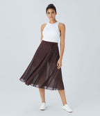 Jupe Casual Évasée Mesh Mi-Longue Fuide 2 en 1 Contrastée Taille Haute Cordon Poche Latérale