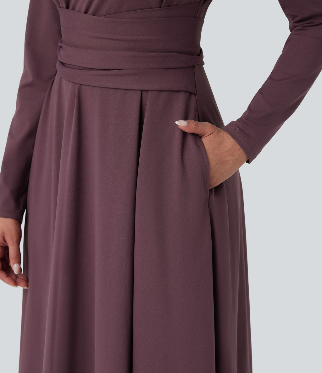 Robe de travail midi manches longues à découpes et dos noué avec poches