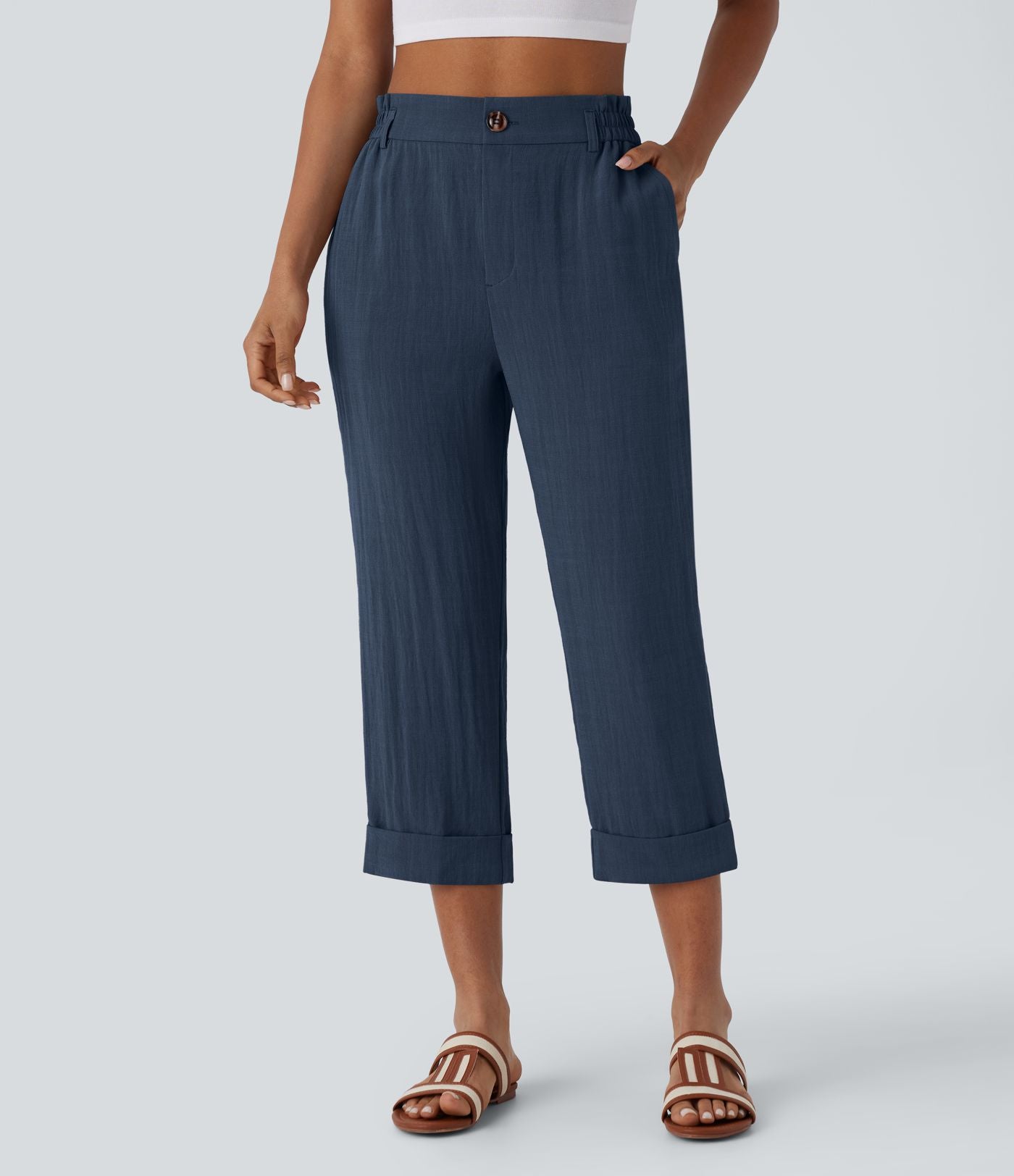 Pantalon capri effet lin taille haute avec poches zippées