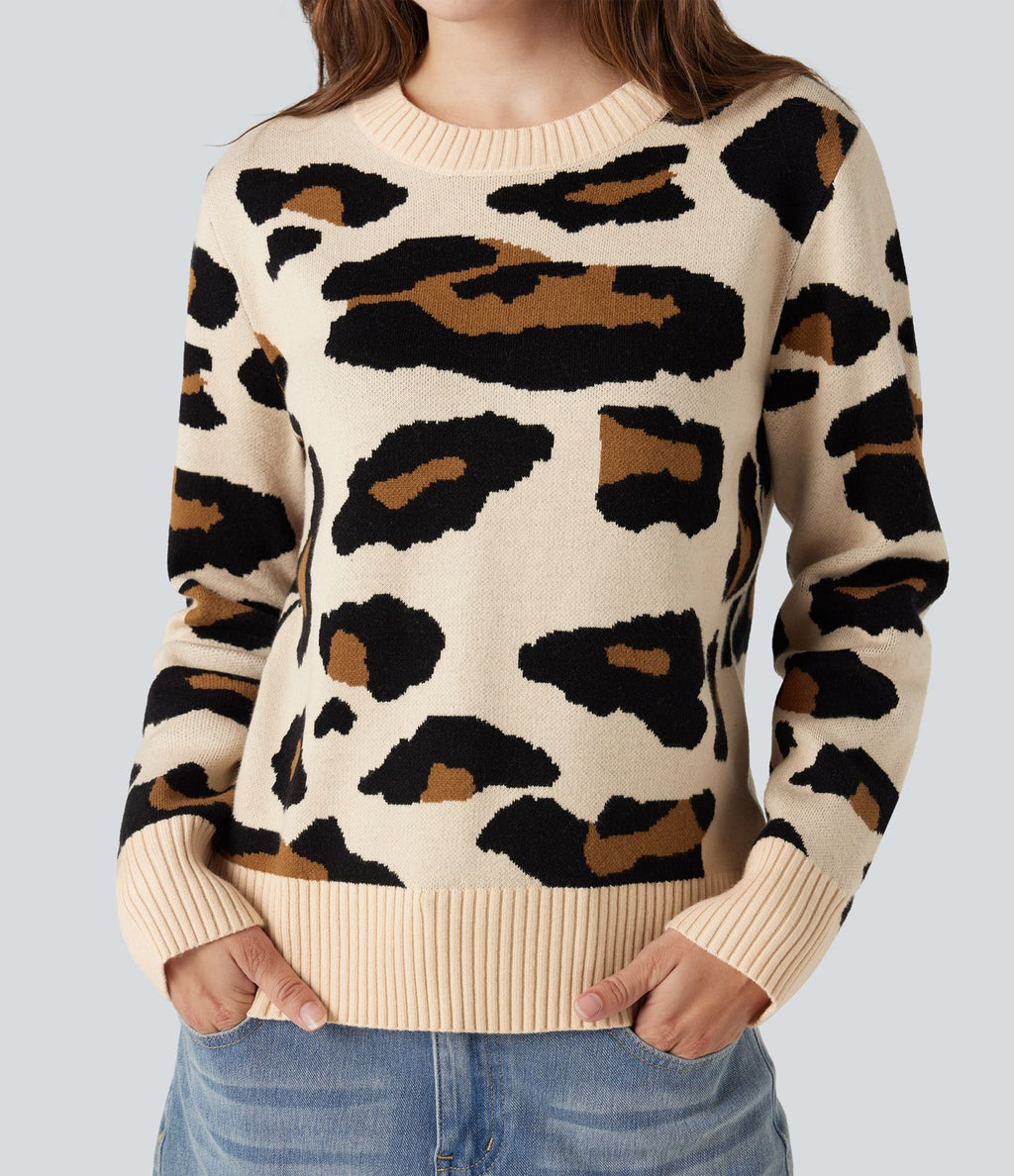 Pull col rond manches longues imprimé léopard
