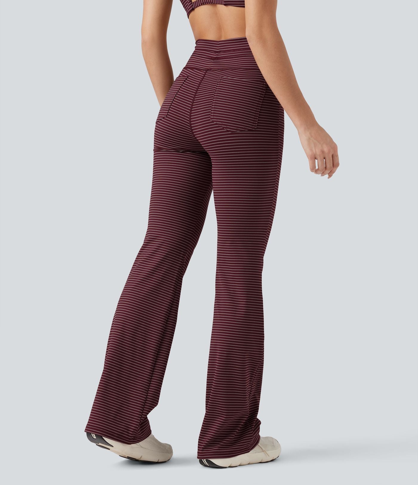 Pantalon de yoga évasé à rayures, taille haute, cordon et poches