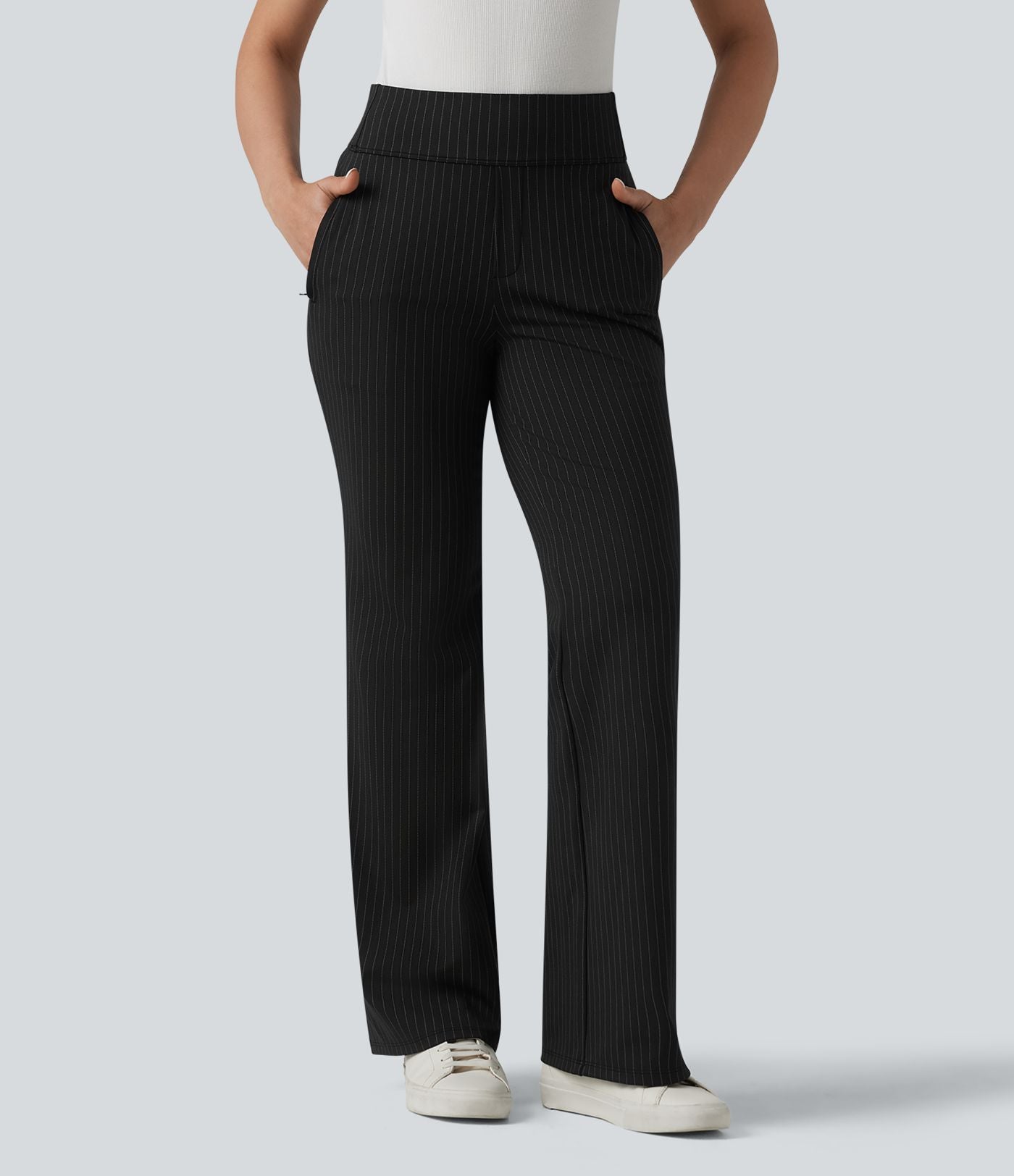 Pantalon tailleur évasé taille mi-haute à rayures, avec poches