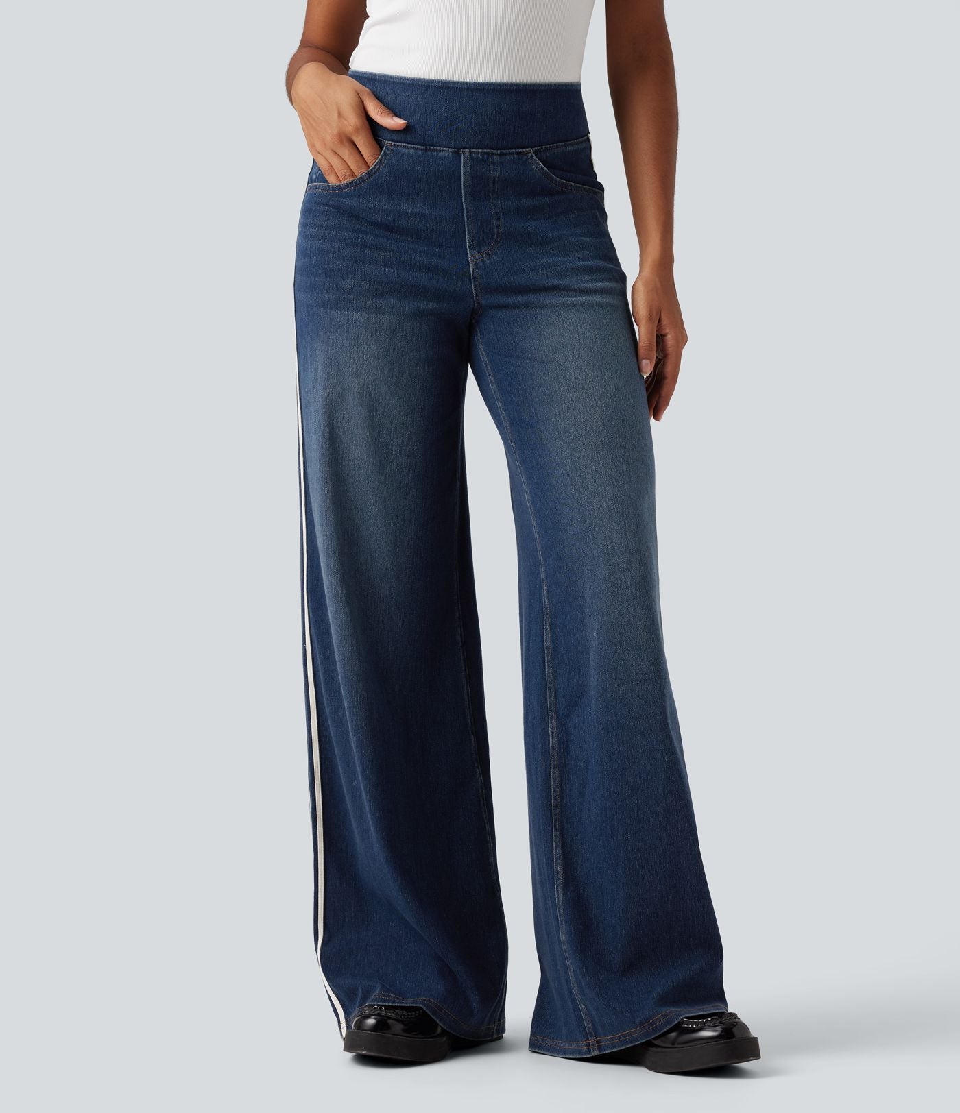 Halara Flex™ Jean large fluide délavé taille haute à rayures avec poches