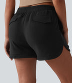 Short casual taille mi-haute à plis piqués, ourlet arrondi et poches, 7,5 cm