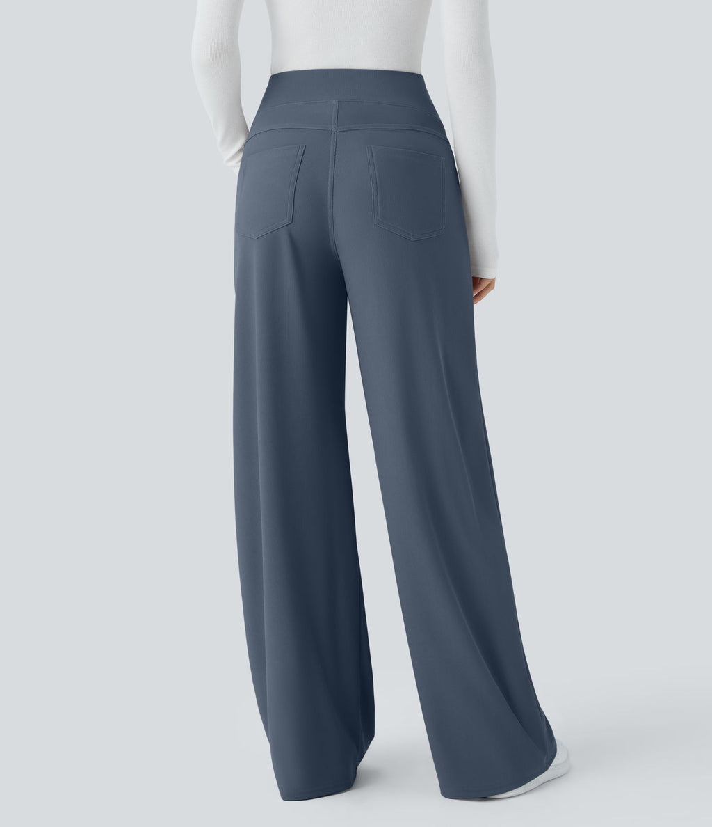 Pantalon tailleur large gainant taille haute en micro-gaufré avec poches Halara Flex™