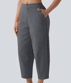 Pantalon casual taille mi-haute coupe tonneau aspect lin, avec poches