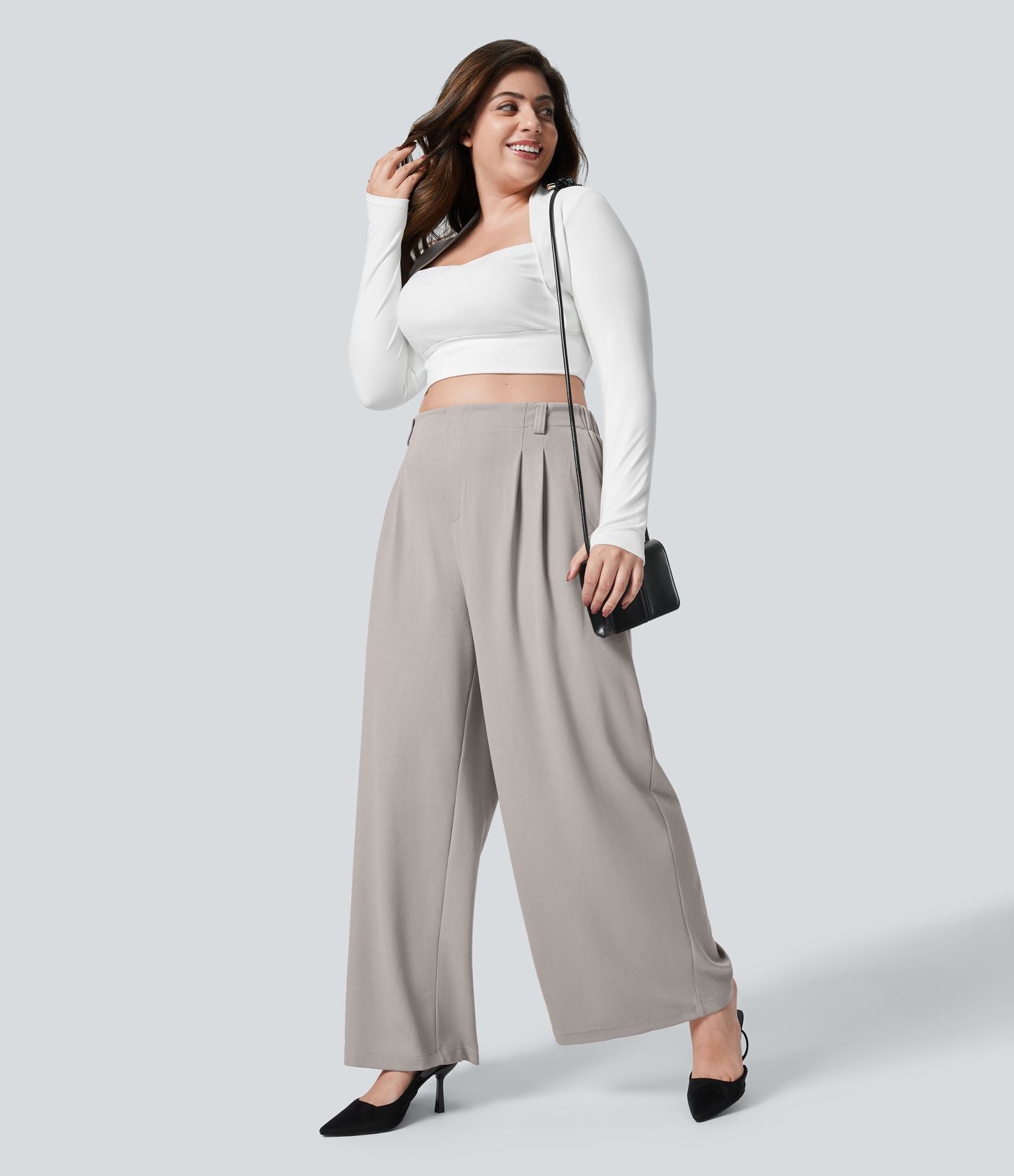 Halara Flex™ Pantalon tailleur Grande taille à Taille Haute, Poches Latérales Plissées, Jambes Larges, en Tissu Gaufré
