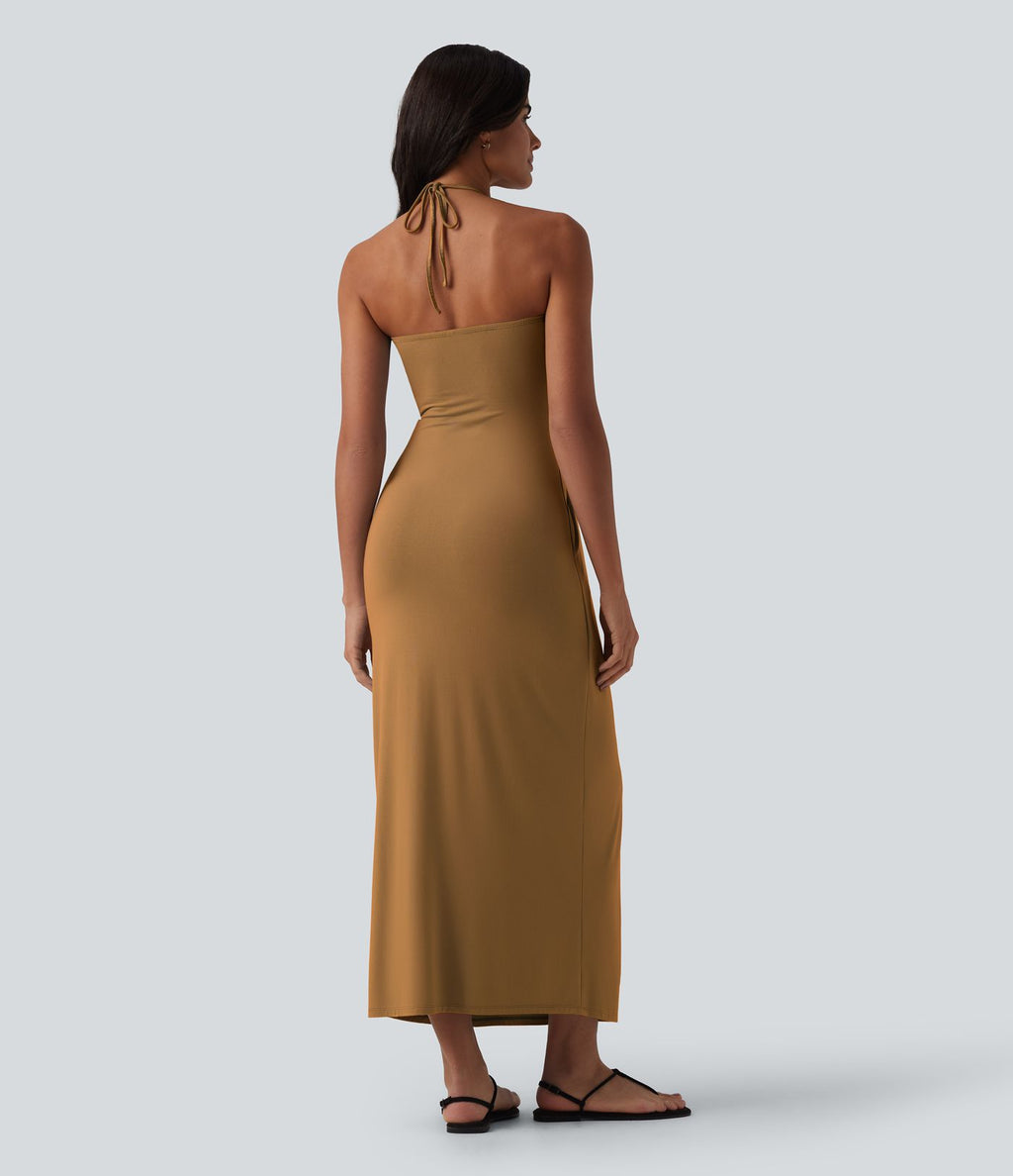 Robe longue dos nu col licou avec nœud et poches