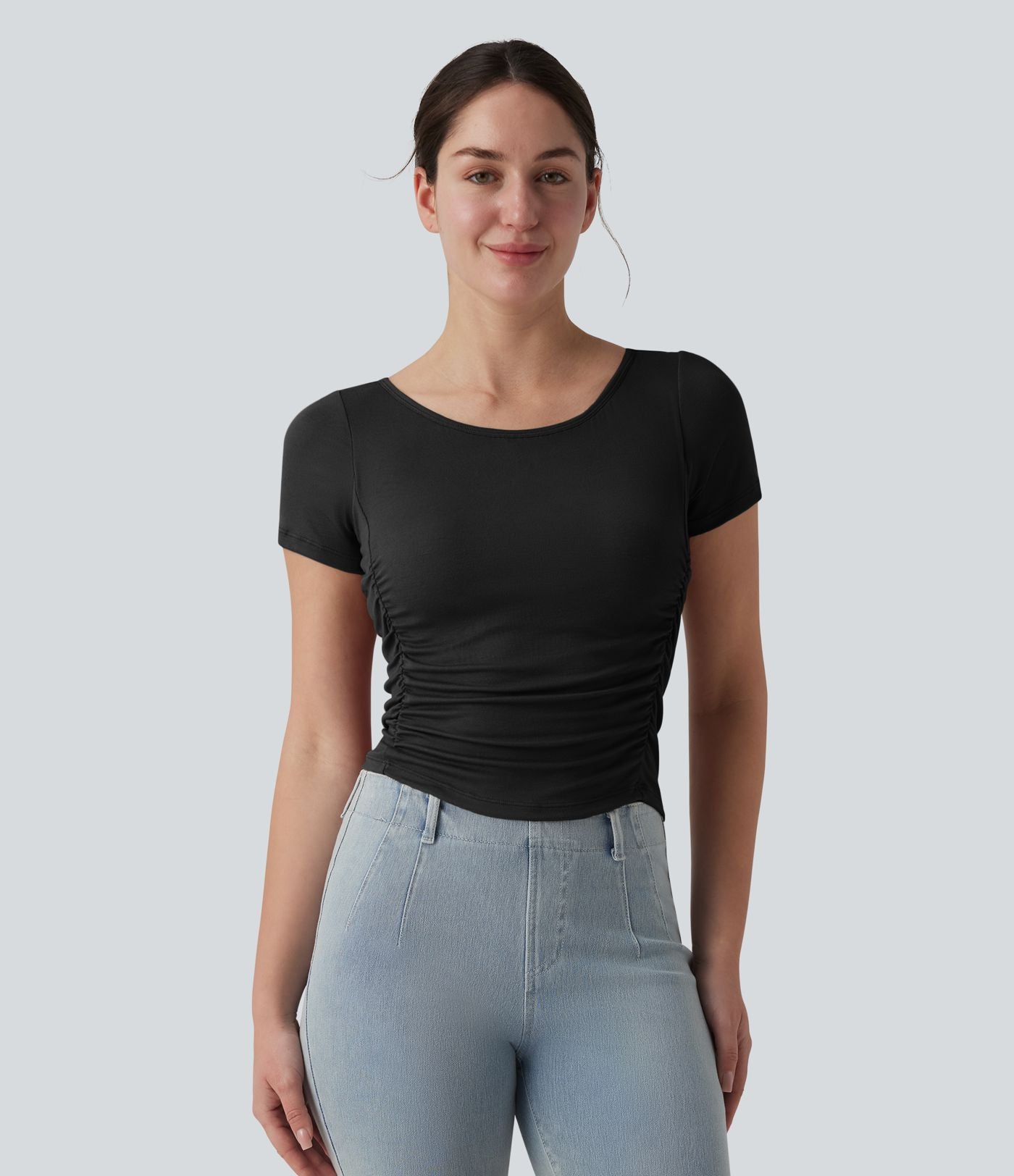 T-shirt casual ajusté côtelé col bateau manches courtes avec fronces et brassière intégrée