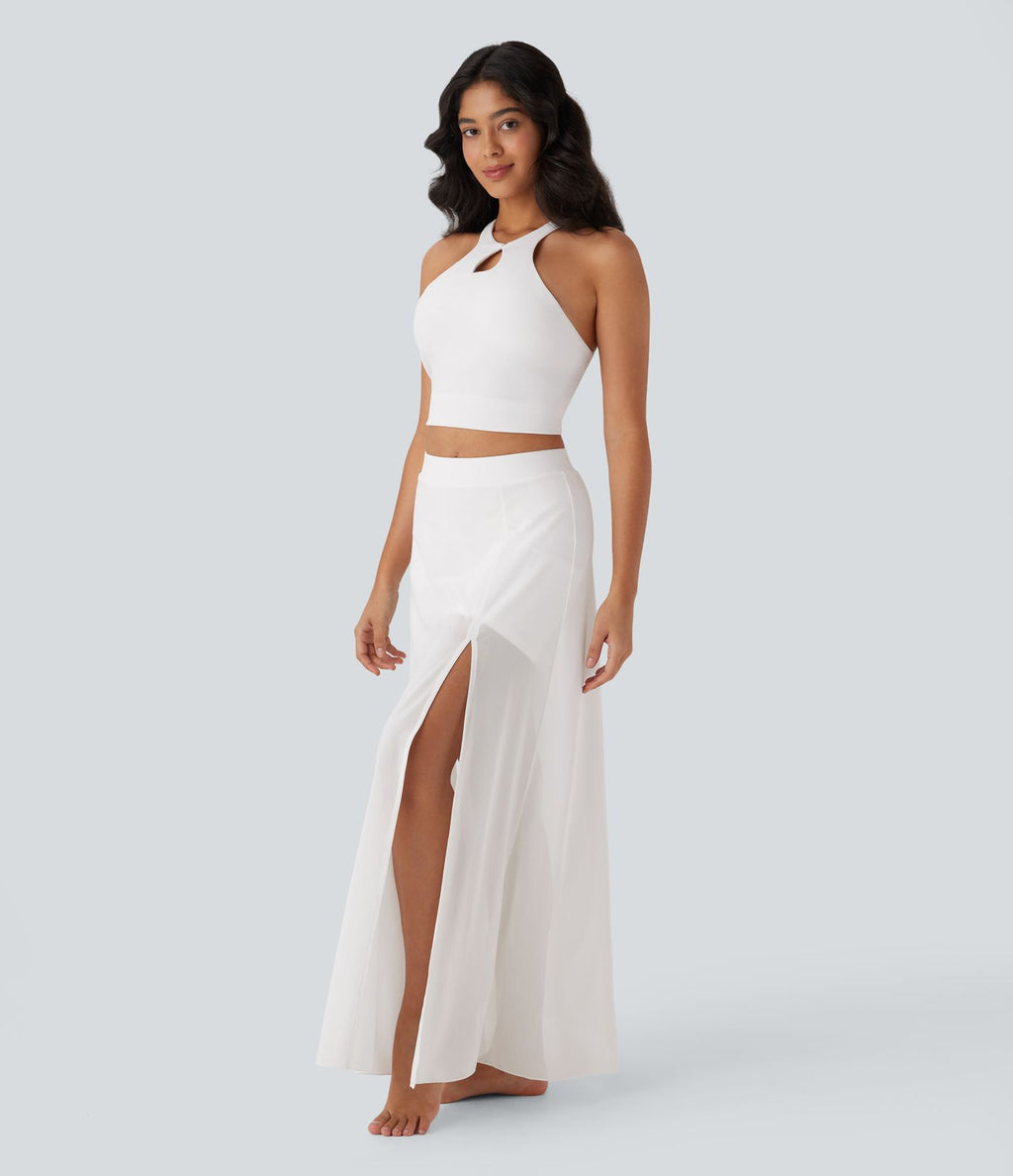 Jupe maxi fluide de danse 2-en-1 à taille mi-haute, fente et poches latérales