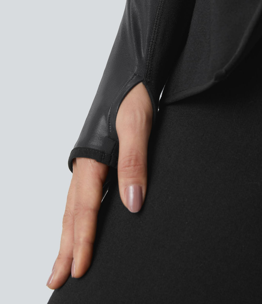 Veste de travail à pans asymétriques, boutons, passants pour pouces, poches latérales et empiècements contrastés