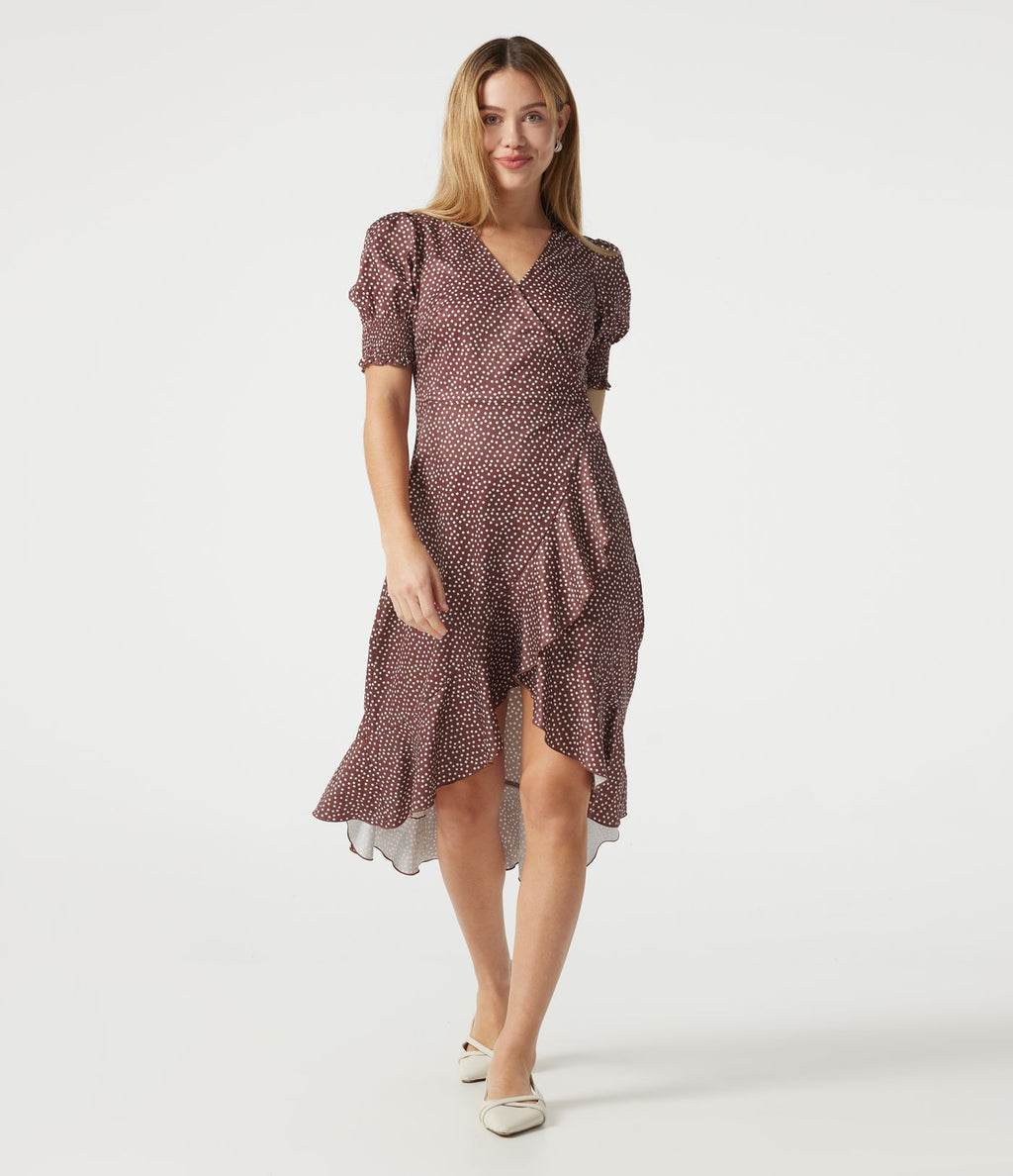 Robe casual midi col V à manches courtes à pois avec ourlet à volants