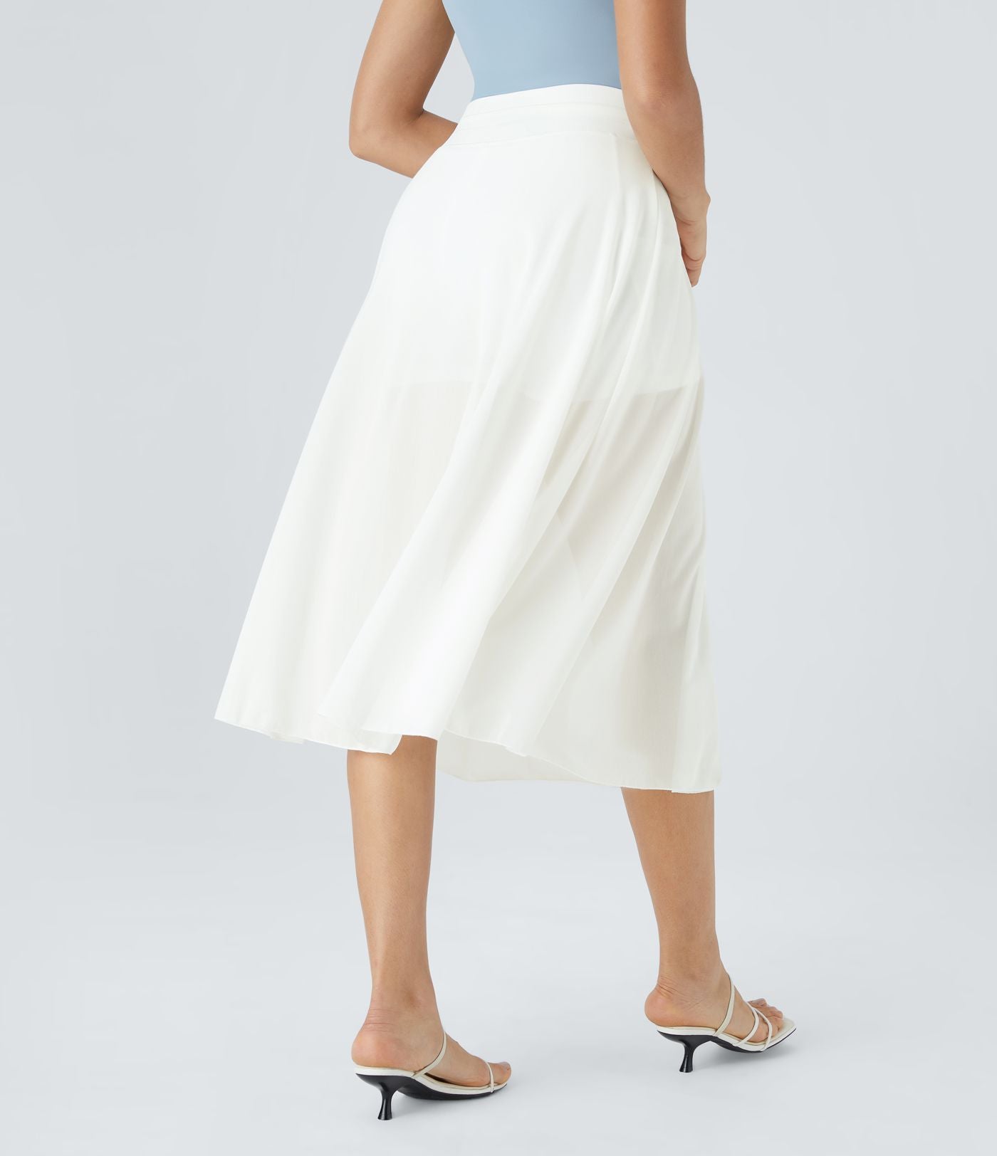 Jupe Casual Évasée Mesh Mi-Longue Fuide 2 en 1 Contrastée Taille Haute Cordon Poche Latérale