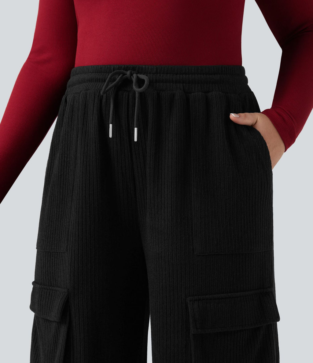 Pantalon cargo décontracté grande taille, ample, côtelé, taille mi-haute, à cordon, avec poches