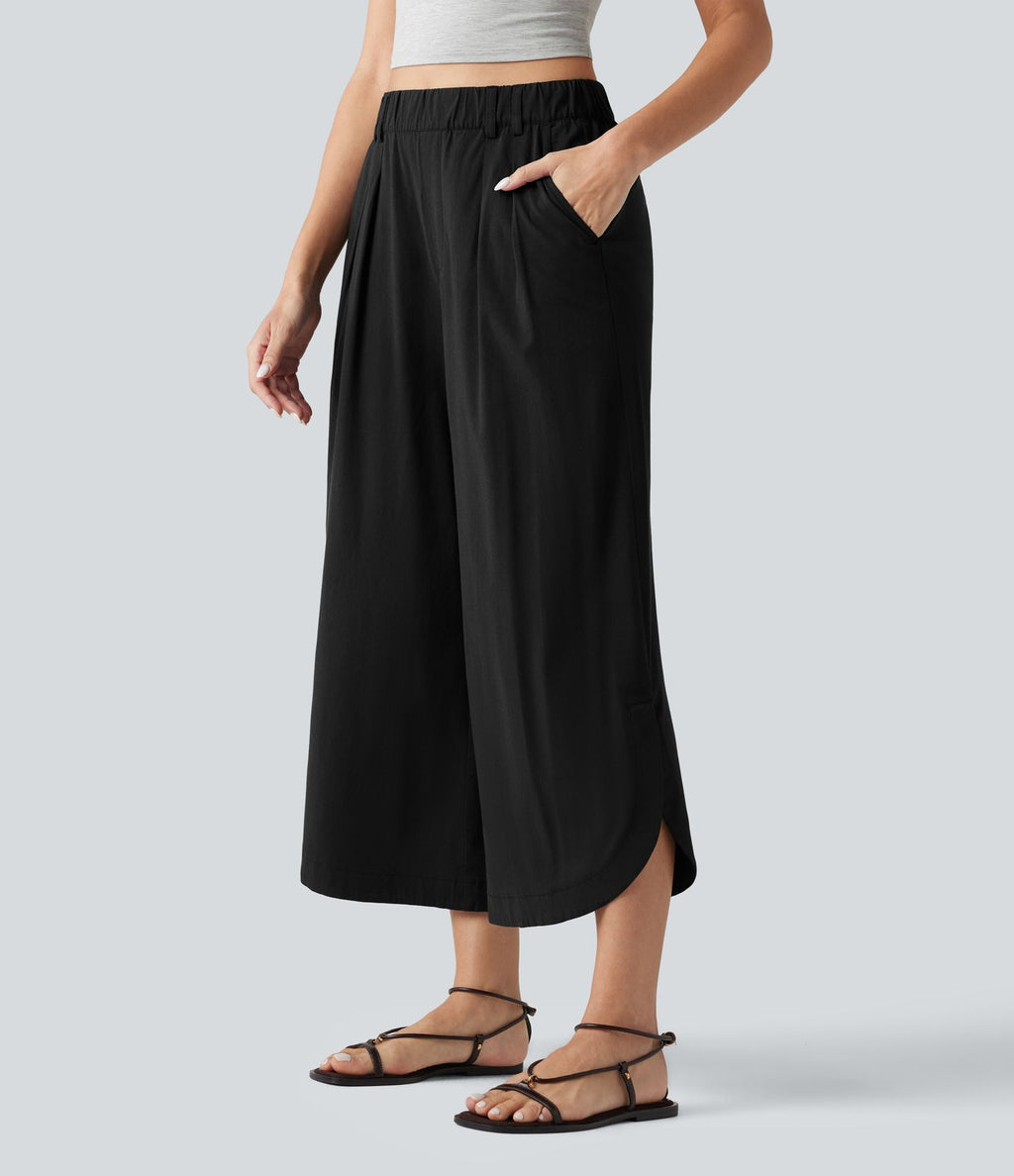 Pantalon large fluide casual raccourci taille haute avec ourlet arrondi, tissu extensible aspect lin et poches