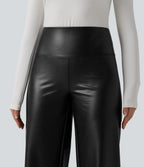 Pantalon large décontracté gainant taille haute extensible en molleton PU avec poches