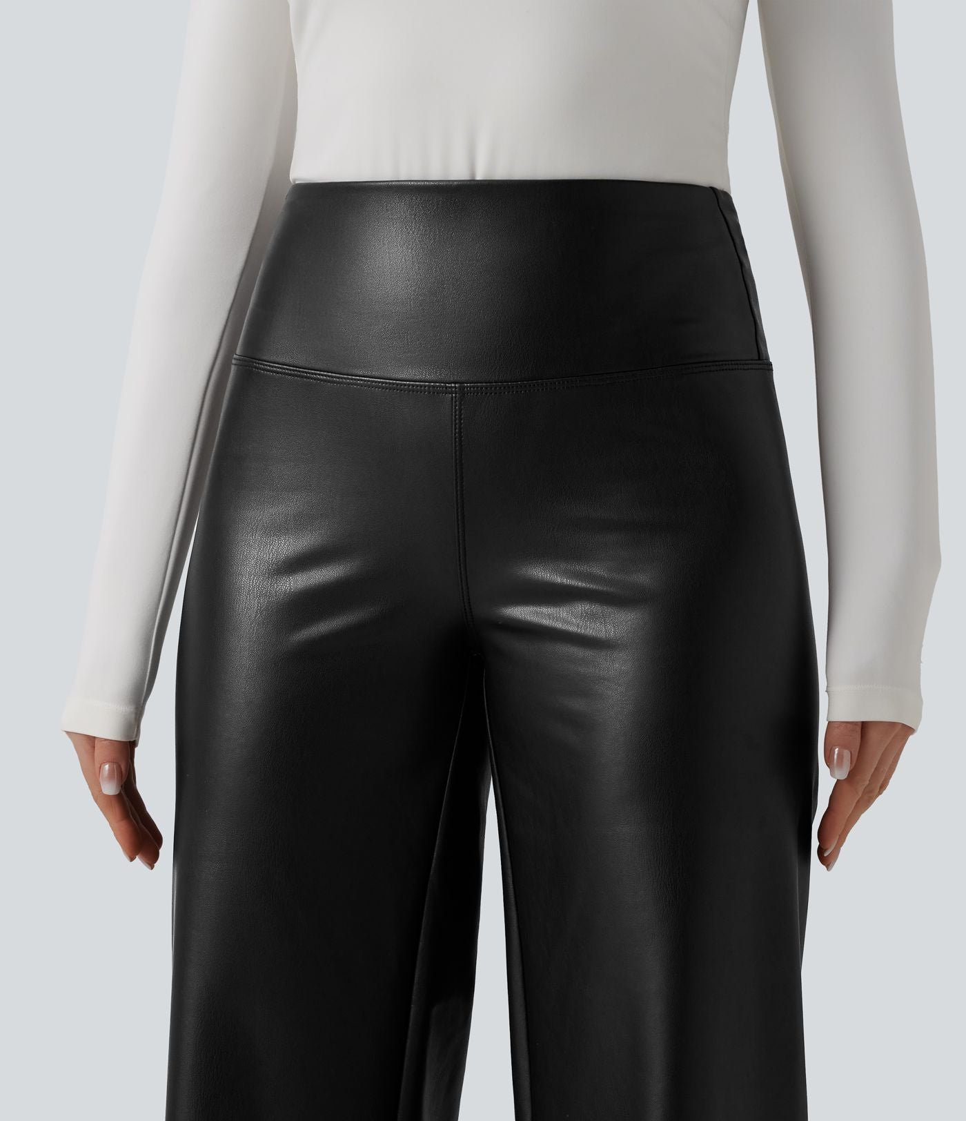 Pantalon large décontracté gainant taille haute extensible en molleton PU avec poches