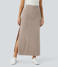 Jupe Casual Maxi à Taille Haute et Ourlet Fendu en A-Line en Côtes