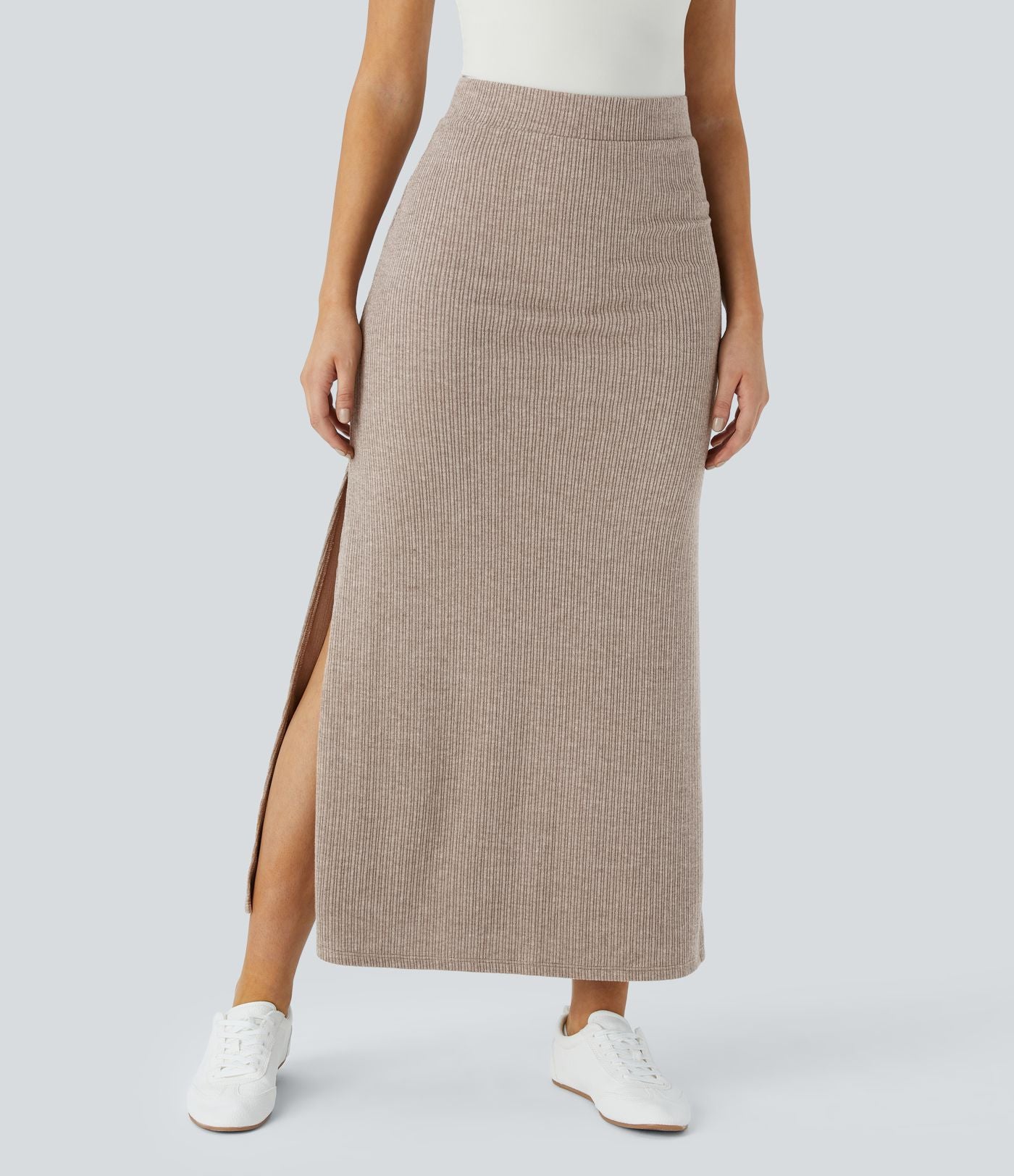 Jupe Casual Maxi à Taille Haute et Ourlet Fendu en A-Line en Côtes