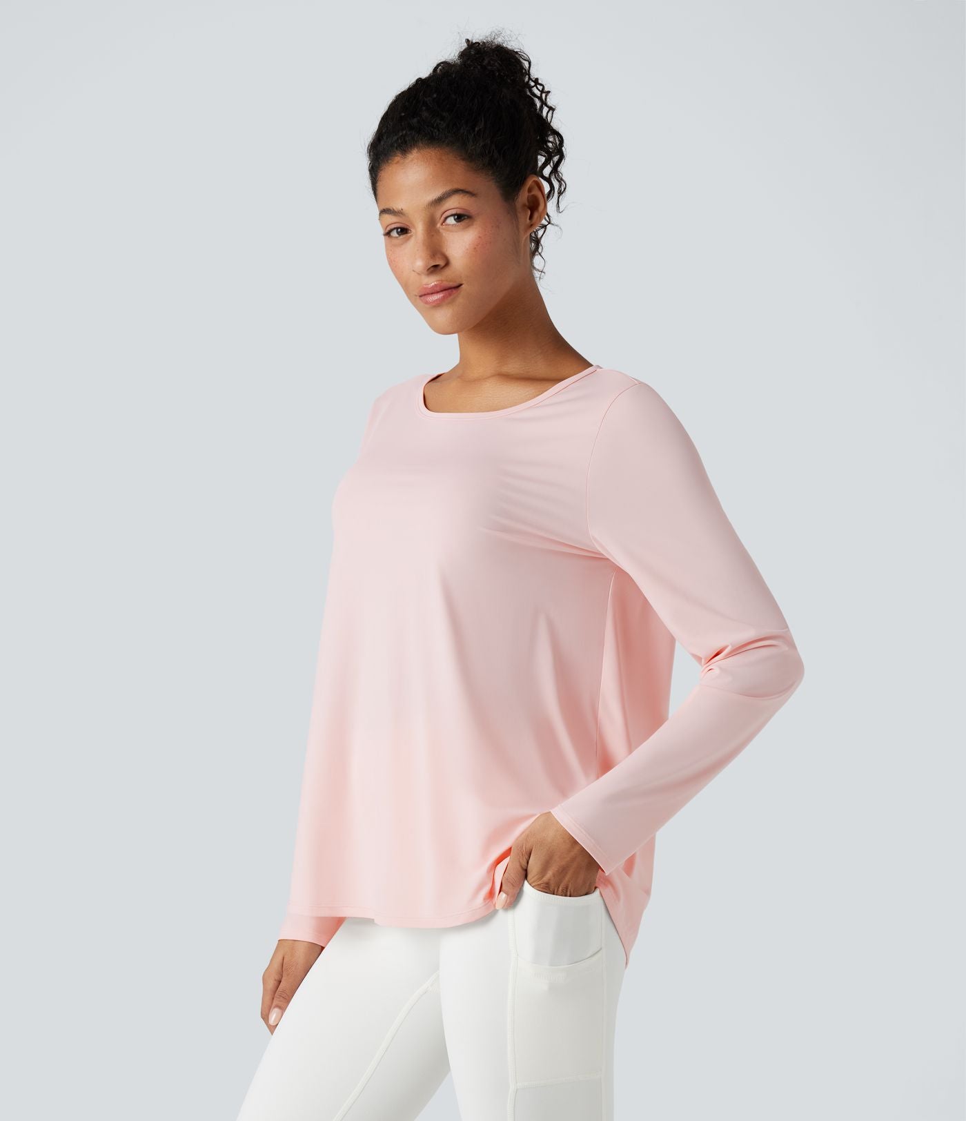 Top de sport yoga décontracté col échancré manches longues fendu