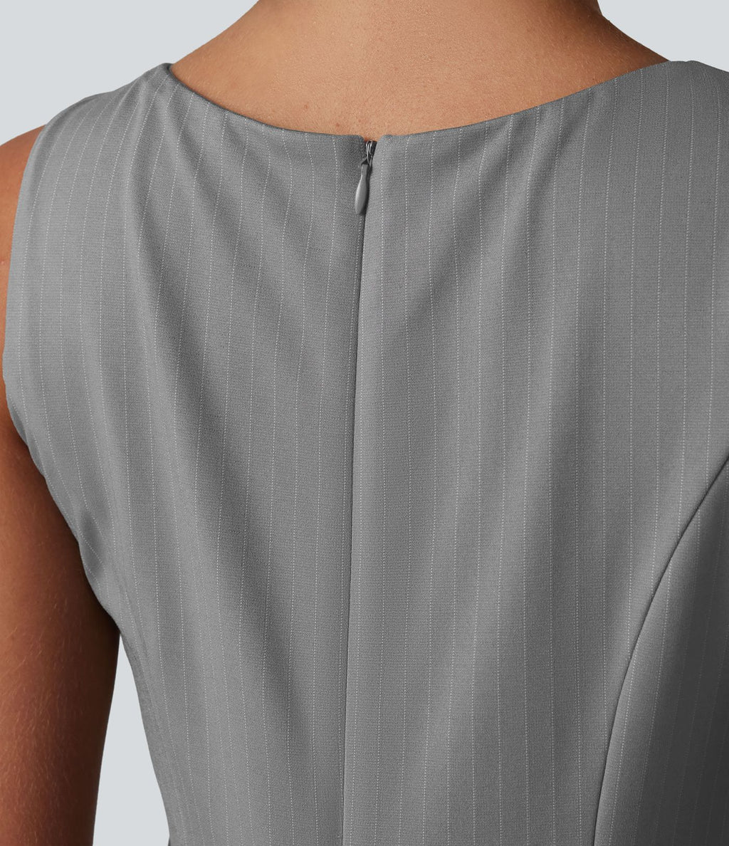 Robe mini habillée col bateau sans manches à rayures et détails plissés