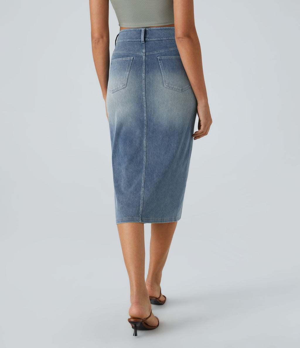Halara Flex™ Jupe en Jean Casual Mi-Longue Délavé Extensible Plusieurs Poches Taille Haute