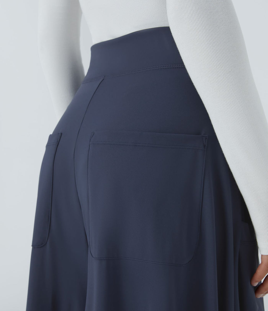 Pantalon décontracté drapé à poches multiples et taille moyenne, jambe large