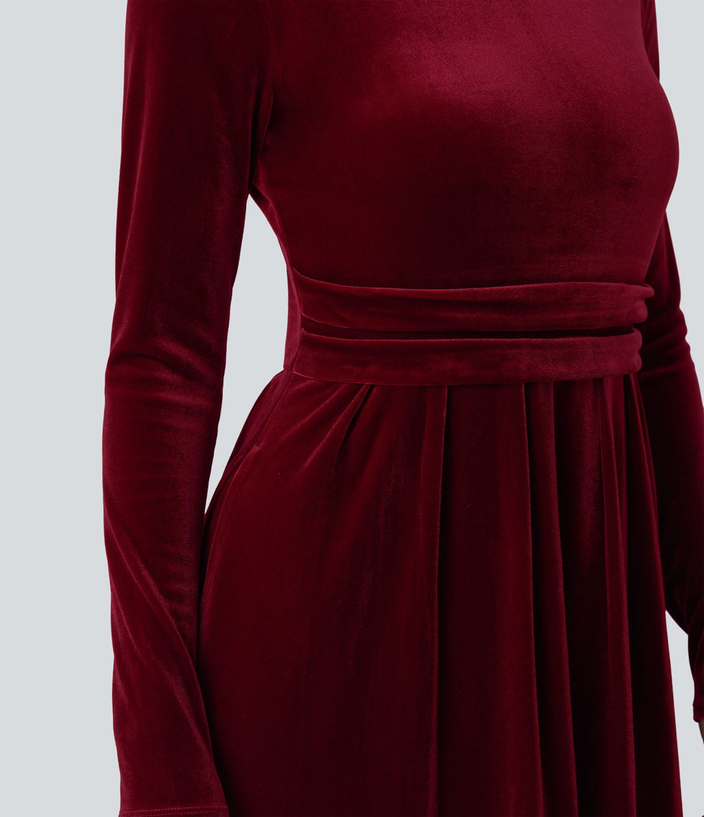Robe longue en velours col montant manches longues avec poches