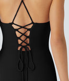 Robe Soirée Midi Encolure Côtelée Dos Nu Lacets Croisés Fendue