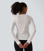 T-shirt décontracté maille côtelée semi-transparent col rond manches longues