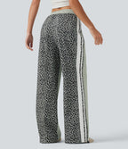 Pantalon ample décontracté taille mi-haute avec cordon de serrage color block rayures léopard contrastant avec poches