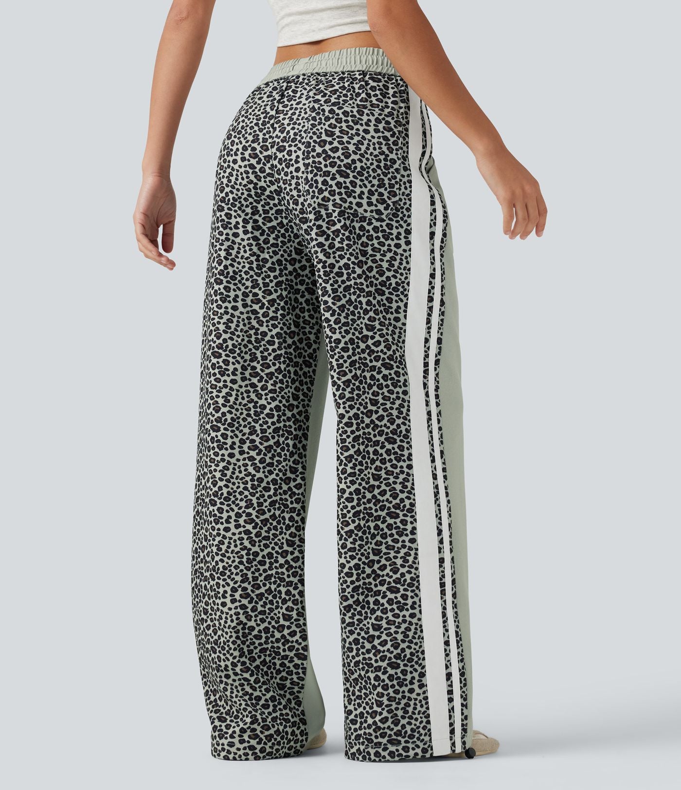 Pantalon ample décontracté taille mi-haute avec cordon de serrage color block rayures léopard contrastant avec poches