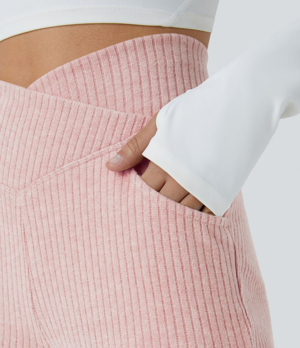 Pantalon Taille Haute Casual Évasés en Tricot Côtelé avec Poches Latérales et Croisé