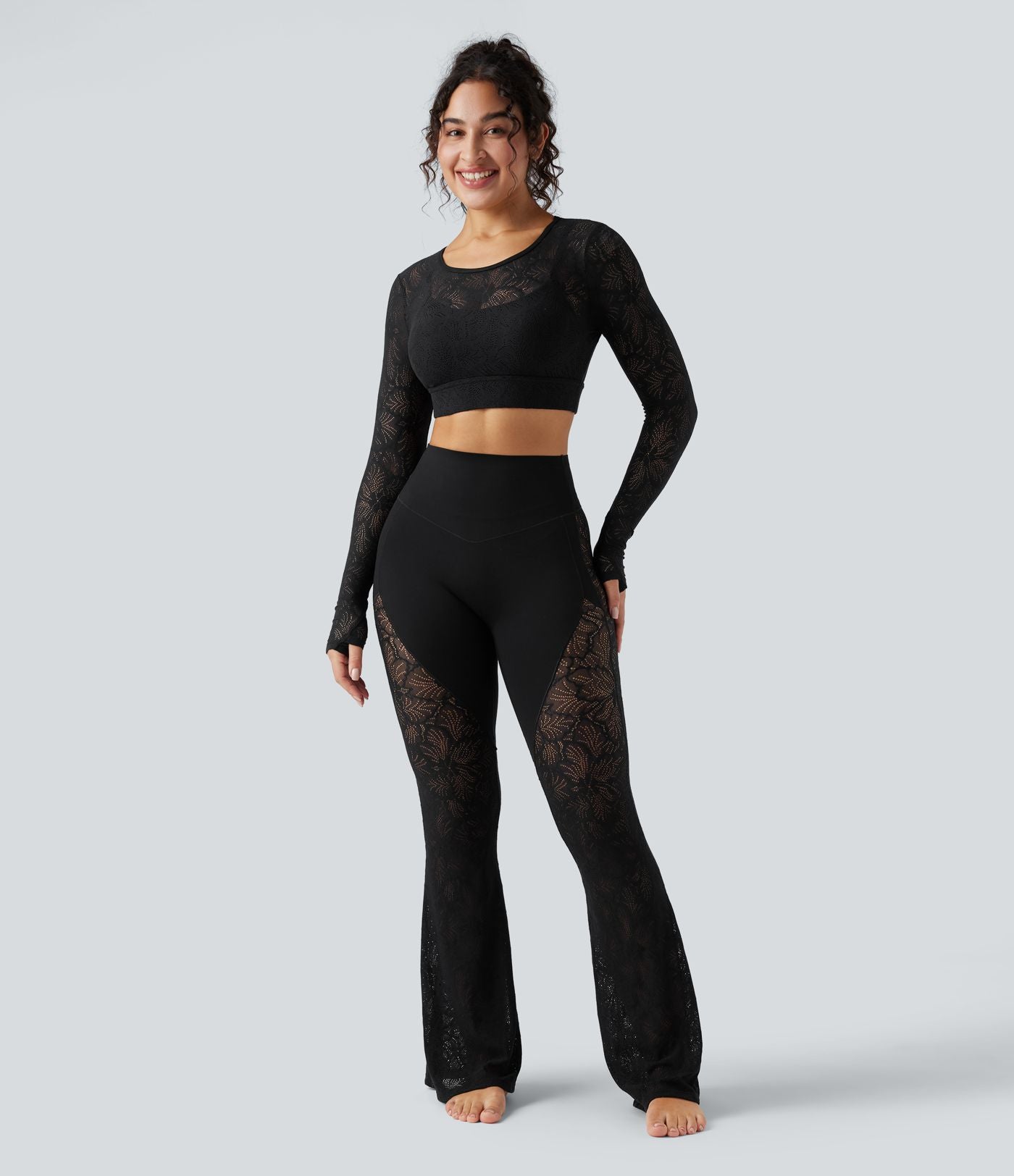 Pantalon de yoga évasé gainant taille haute avec dentelle contrastée et poche Halara UltraSculpt™