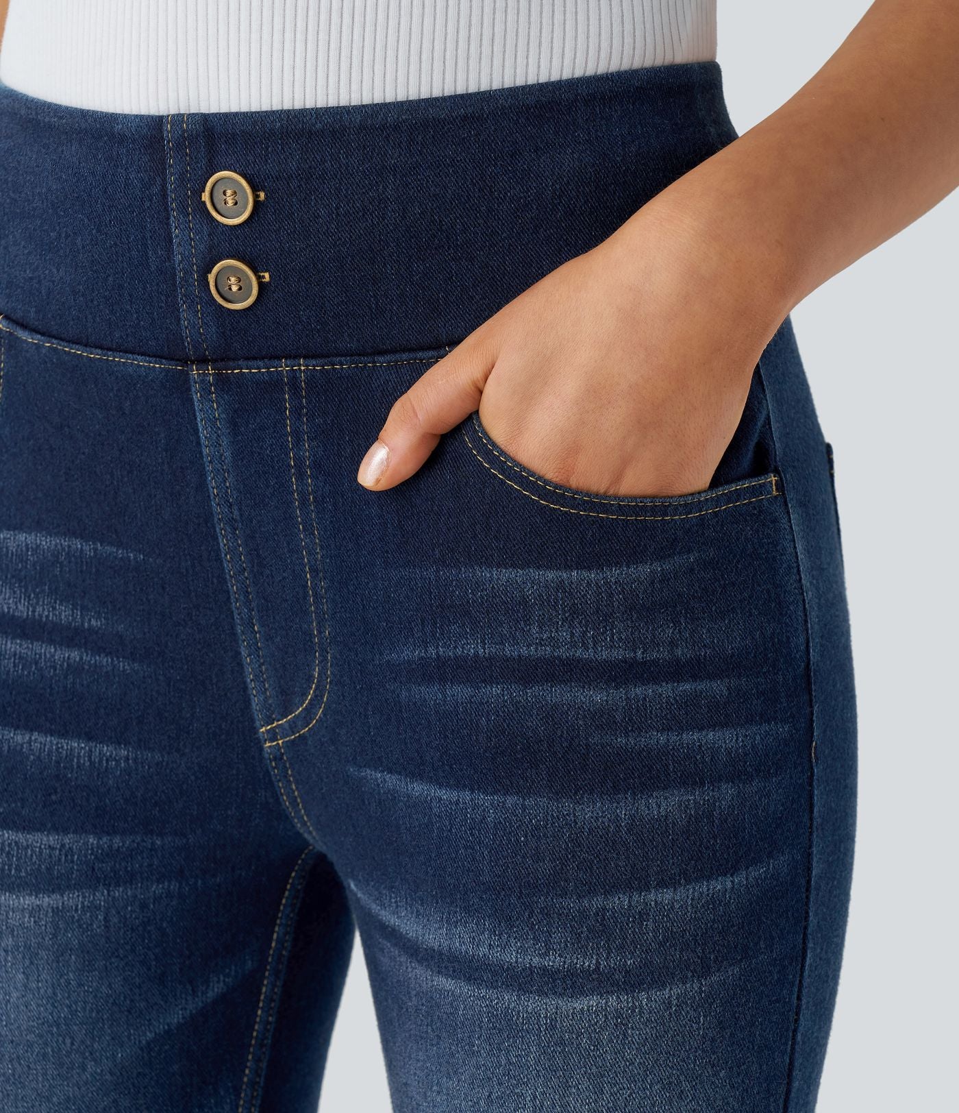 Halara Flex™ Jean Casual 7/8 à Taille Haute pour Courbes avec Boutons Décoratifs Plusieurs Poches Tricot Extensible et Lavé