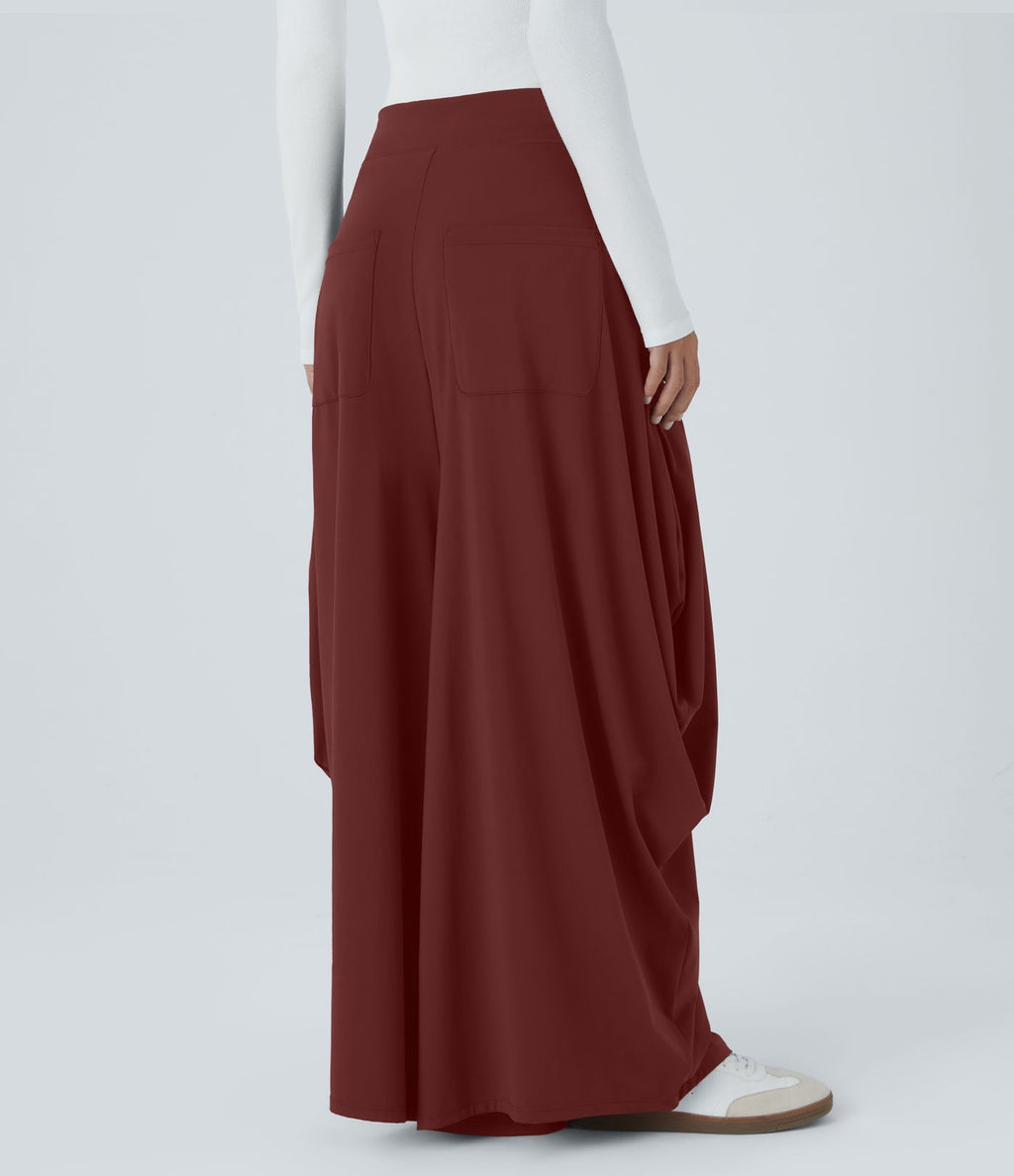 Pantalon décontracté drapé à poches multiples et taille moyenne, jambe large