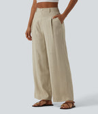 Pantalon large décontracté taille haute aspect lin avec poches