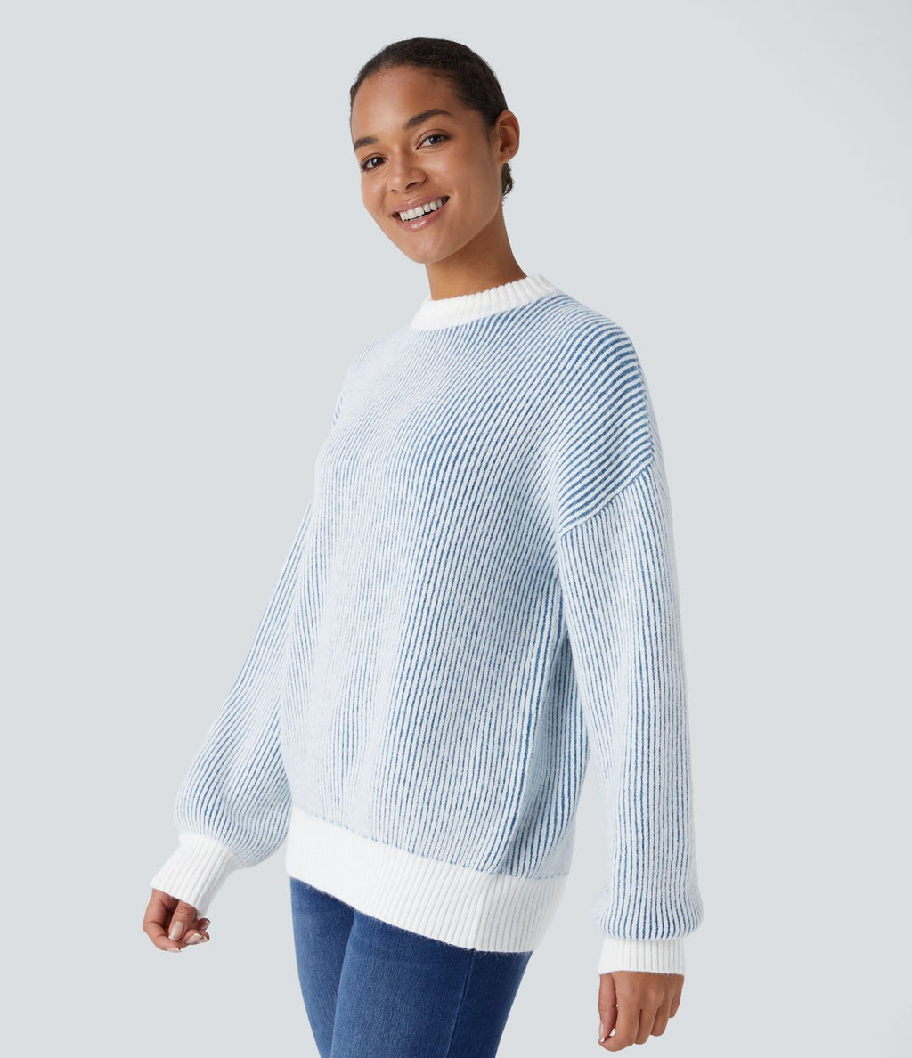 Pull col rond motif rayé bicolore à manches longues