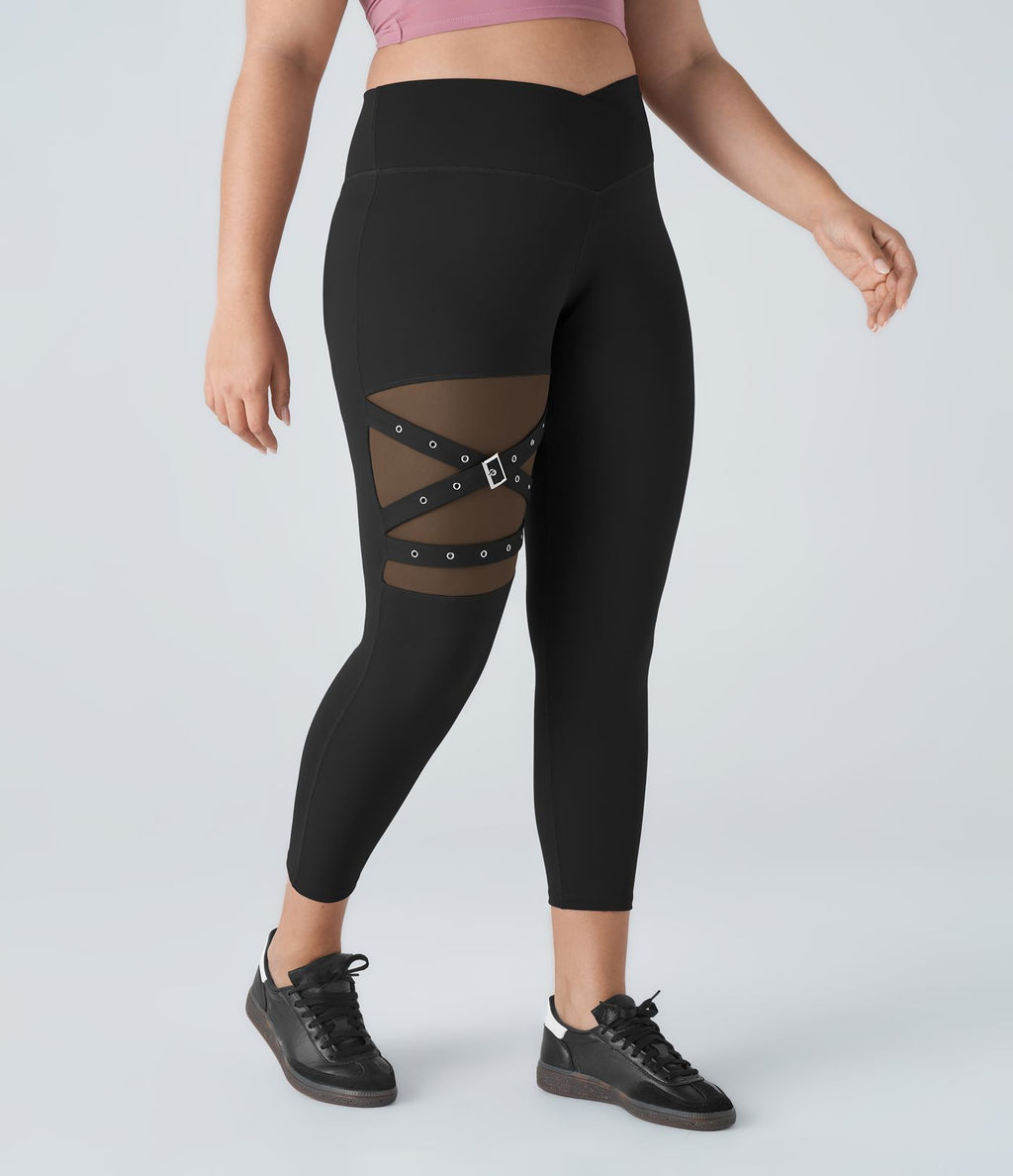 Legging yoga grande taille croisé taille haute avec mesh contrastant et boucle décorative DayStretch