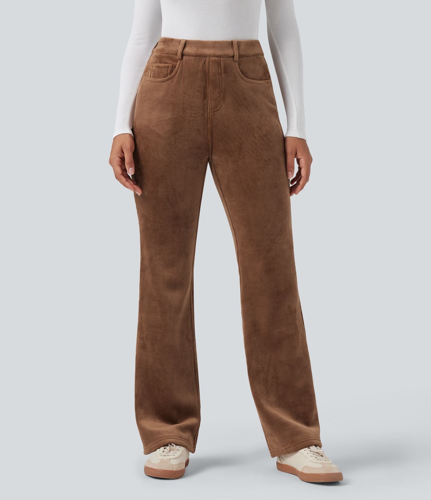 Pantalon évasé décontracté en velours côtelé molleton taille haute gainant avec poches