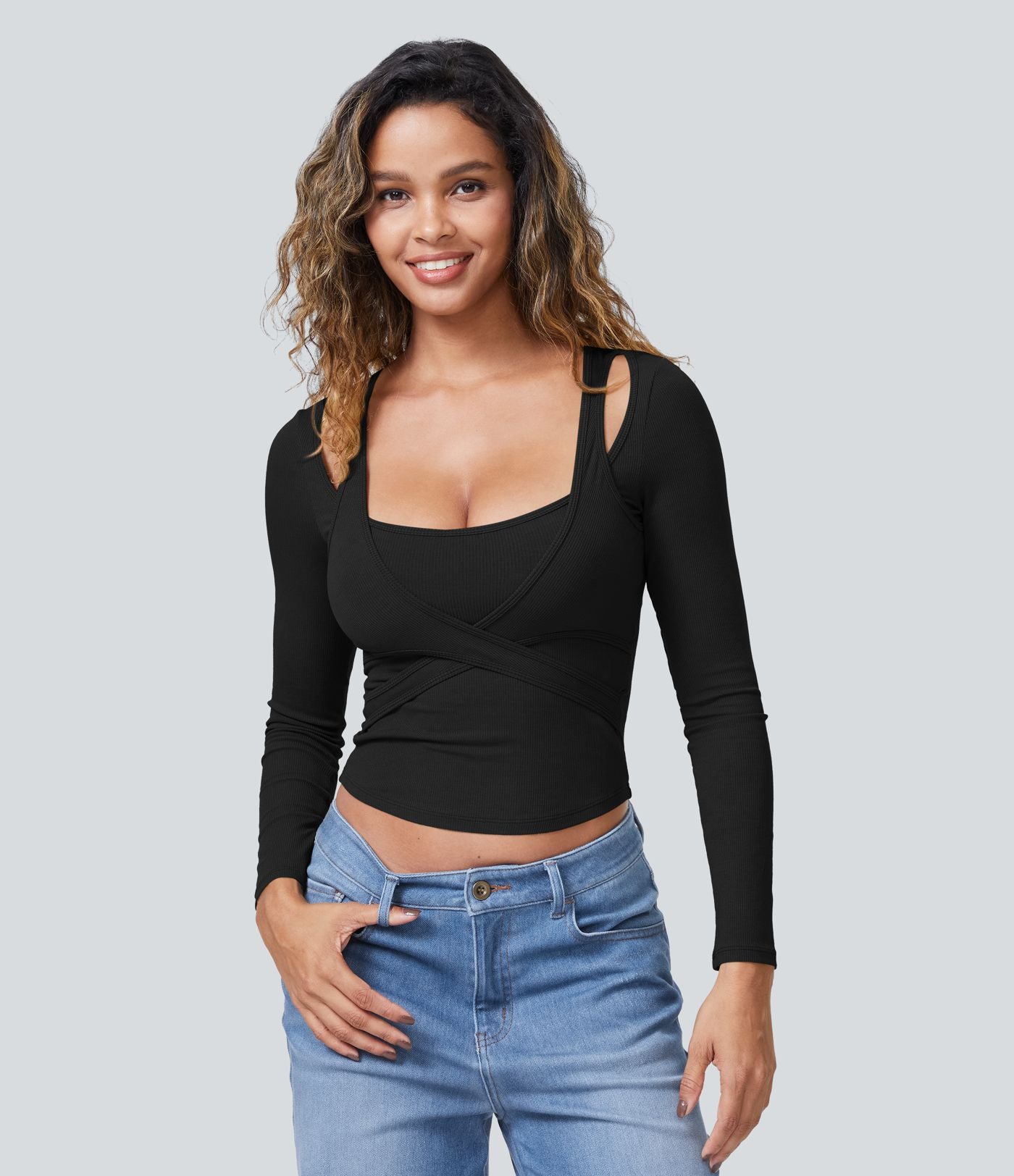 Top de Sport Casual à Manches Longues en Tricot Côtelé à Encolure Carrée Découpes Ourlet Courbé et Coupe Courte