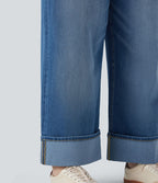 Jean casual grande taille Halara Flex™ tricot extensible délavé taille haute jambe large ourlet roulotté avec poches