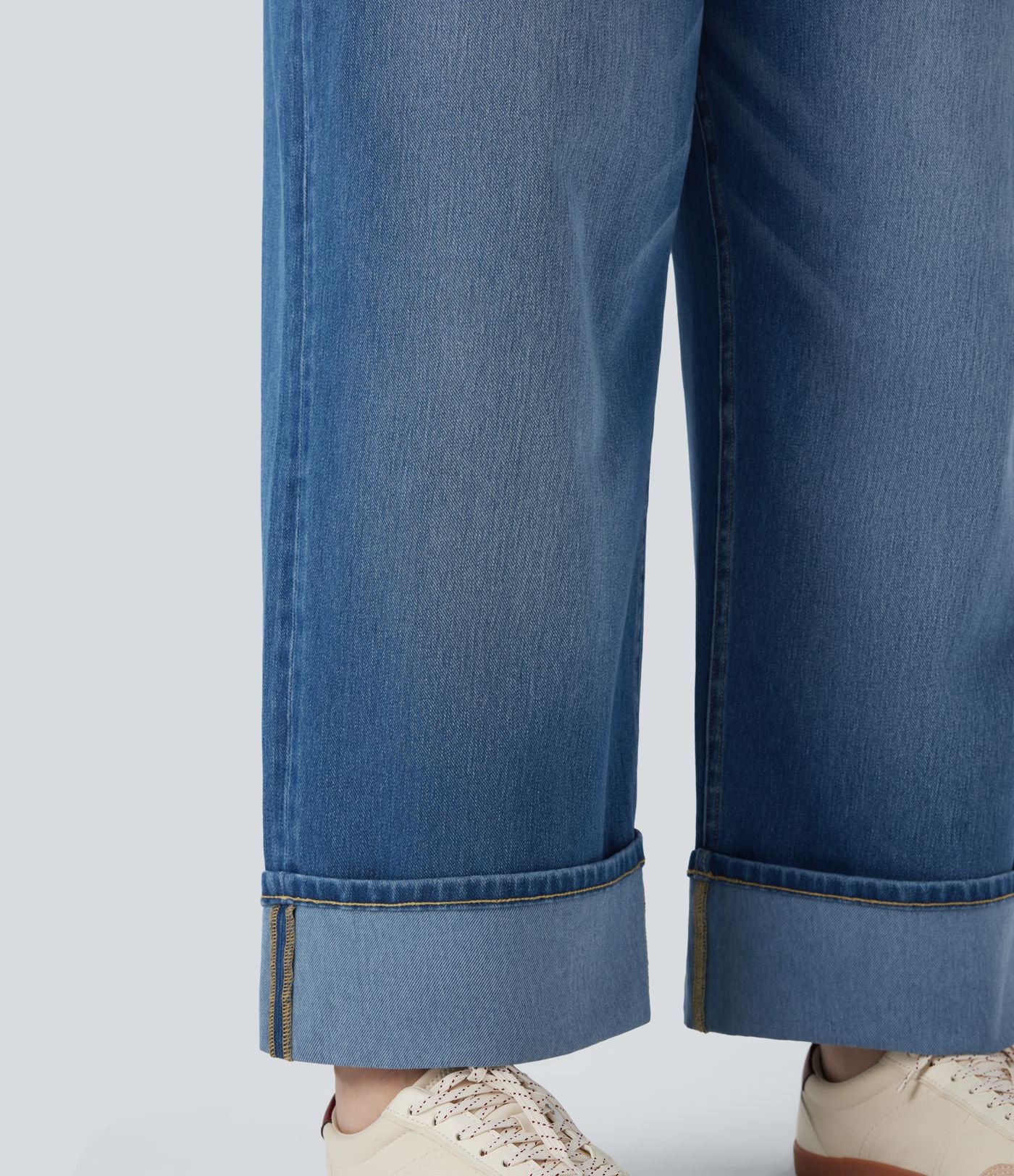 Jean casual grande taille Halara Flex™ tricot extensible délavé taille haute jambe large ourlet roulotté avec poches