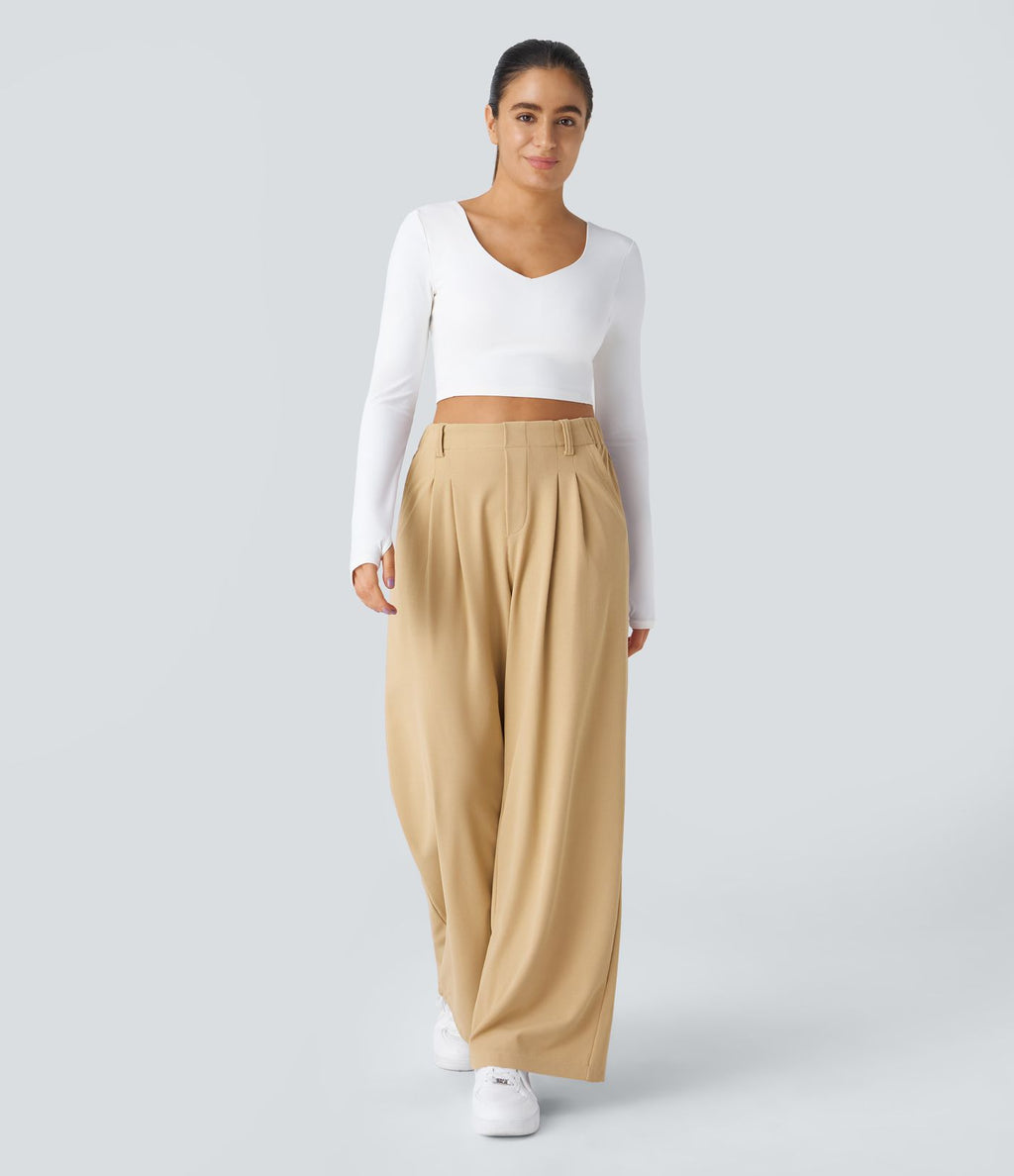 Pantalon Tailleur Large Fluide Halara Flex™ Gaufré Taille Haute Poches Latérales