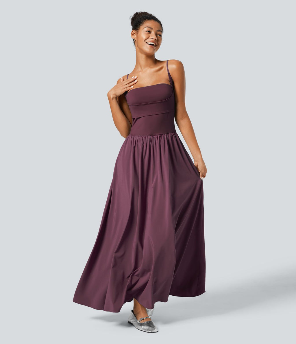 Breezeful™ Robe Débardeur Casual Dos Nu Poches Latérales Plissée Évasée Longue Séchage Rapide