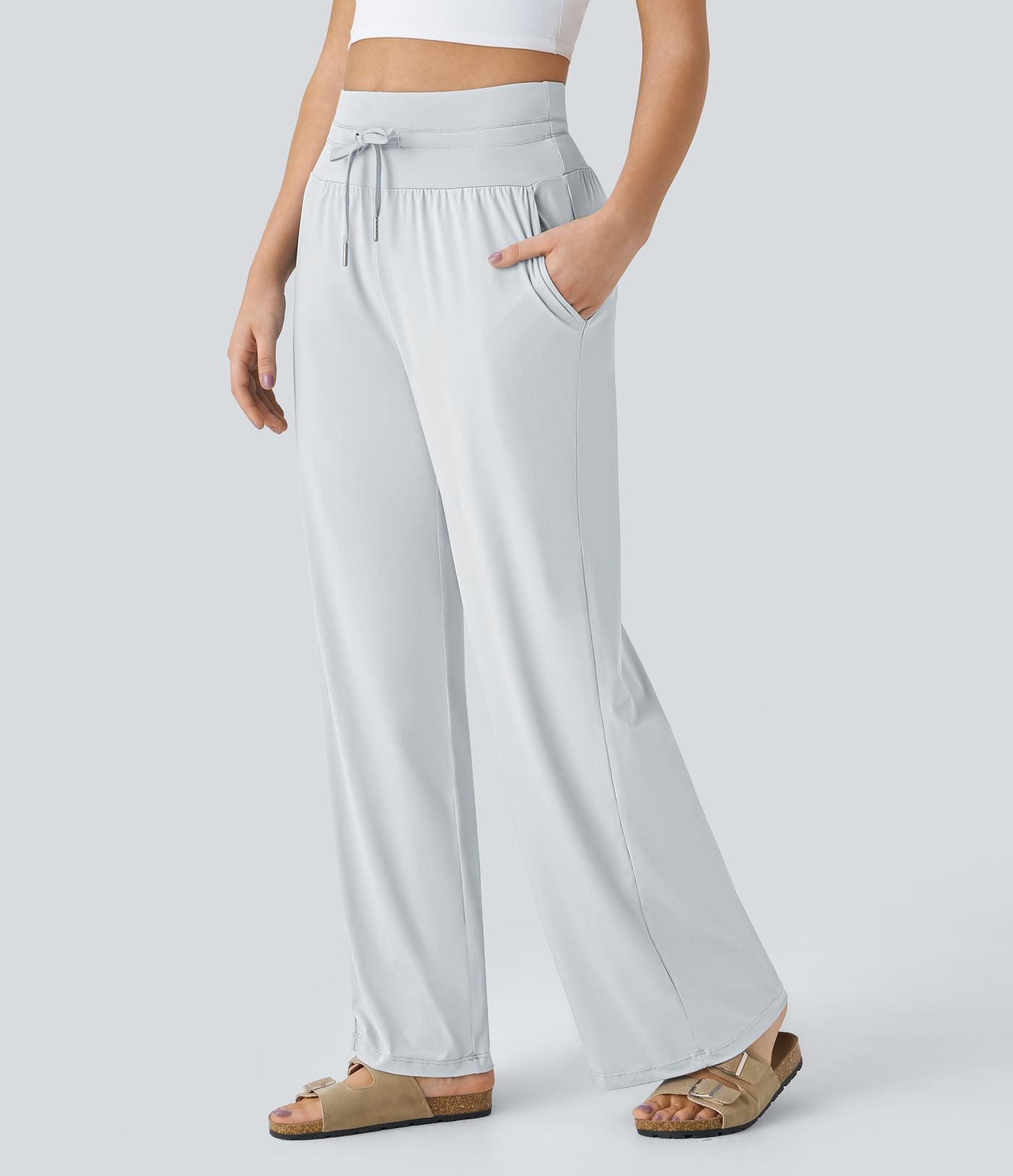 Pantalon large décontracté taille haute cordon de serrage poches latérales effet frais InstantCool