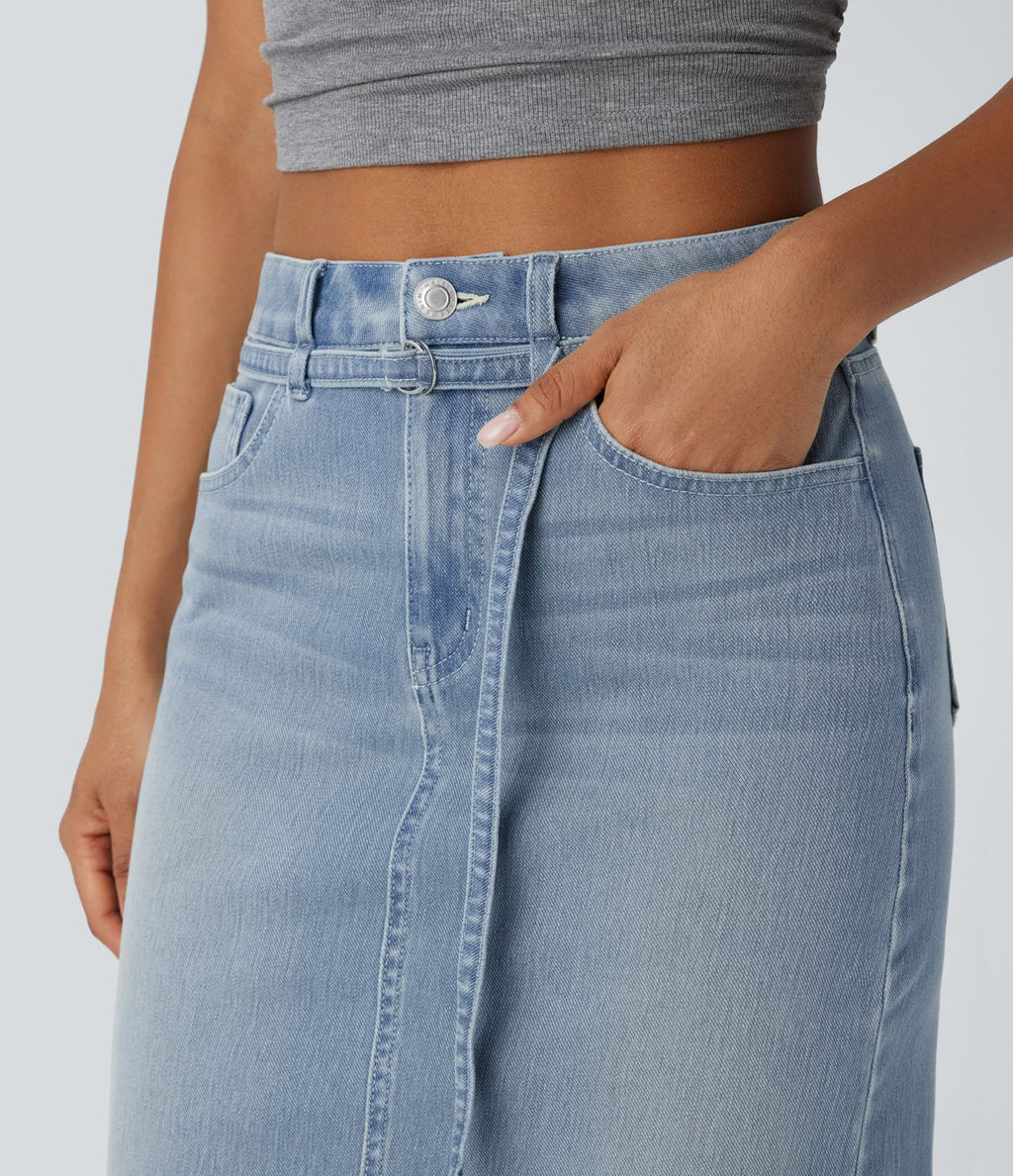 Jupe en Jean midi décontractée extensible délavée à taille moyenne avec boutons, fermeture éclair, poches multiples et fente
