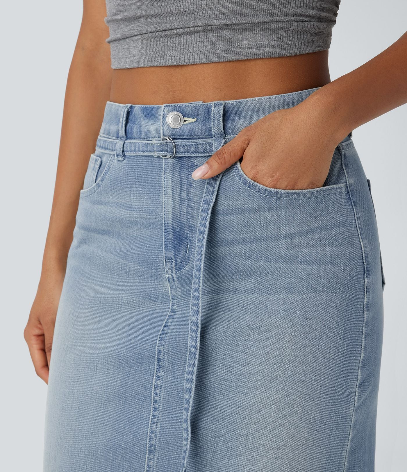 Jupe en Jean midi décontractée extensible délavée à taille moyenne avec boutons, fermeture éclair, poches multiples et fente